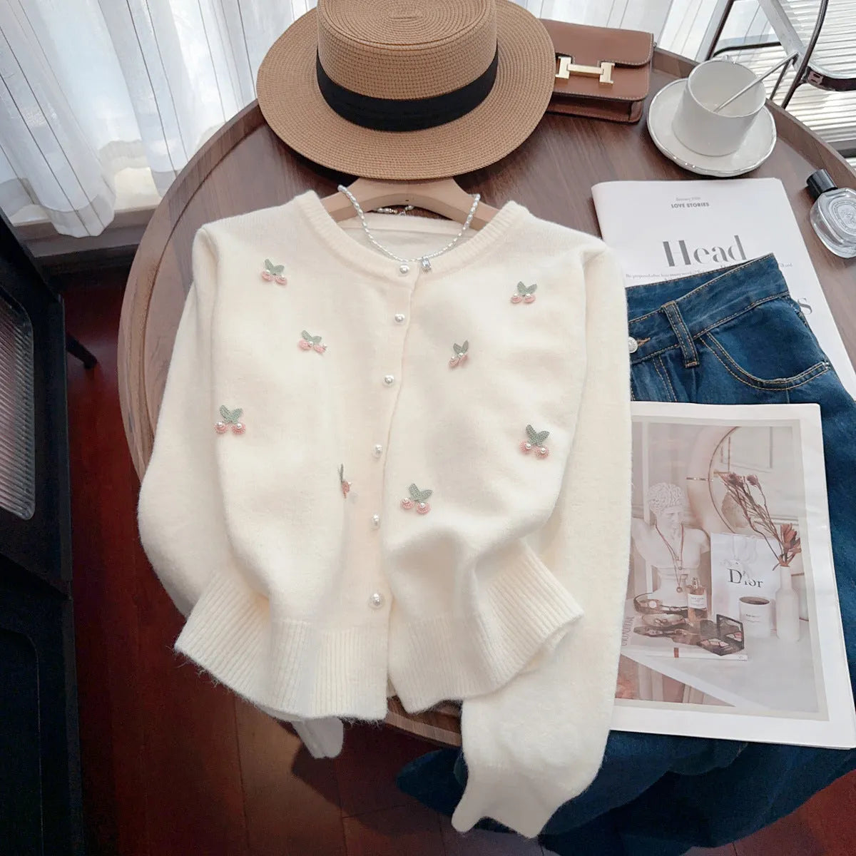 Cardigan-style sweater coat with round neck and beaded decoration in slim fit
