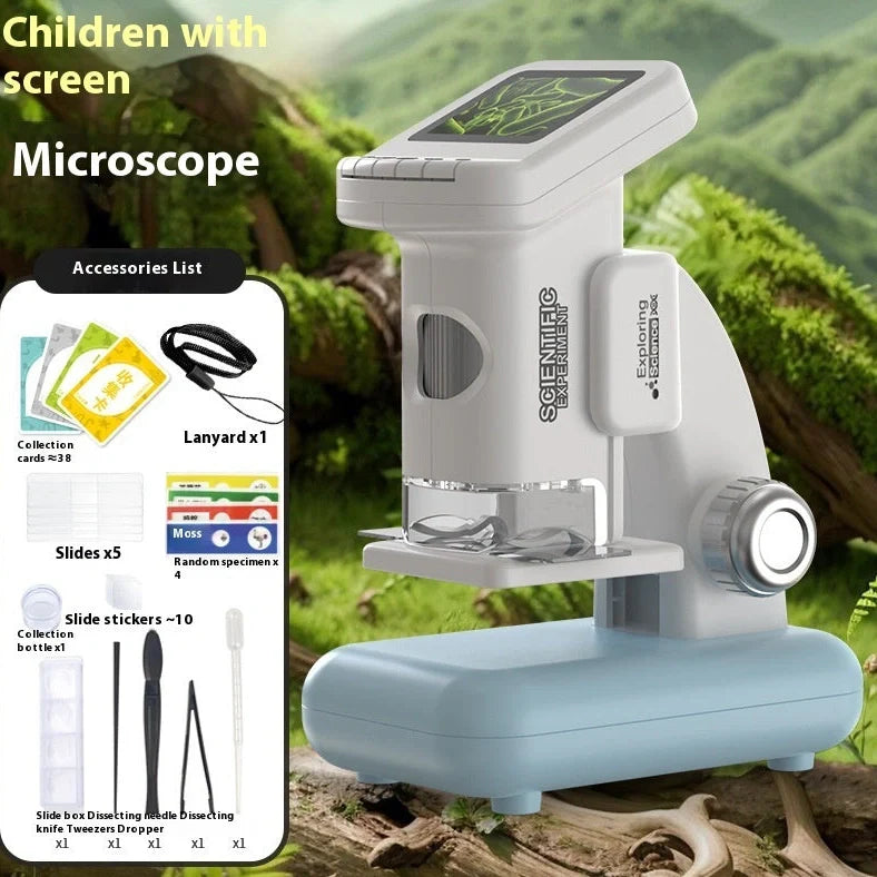 Smart digital microscope with electronic belt display and 13 educational accessories including dissecting tools and specimen materials