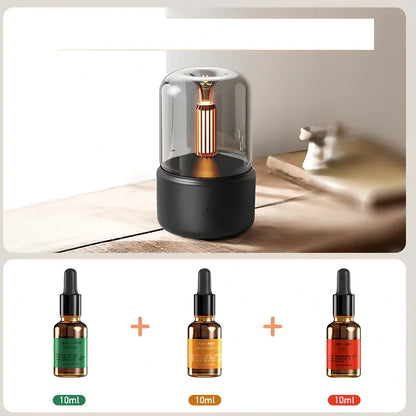 Beige columnar aroma diffuser with candle light simulation, 95x95x150mm dimensions