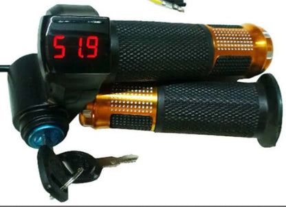 Electric vehicle handlebar control unit in blue, red, silver, and yellow colour options.