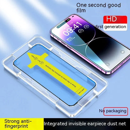 Tempered glass screen protector for iPhone with sticker box, available in HD clear or 28° anti-peep styles.