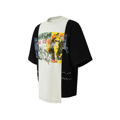 Black and white broken collage print on a loose short sleeve cotton blend T-shirt.