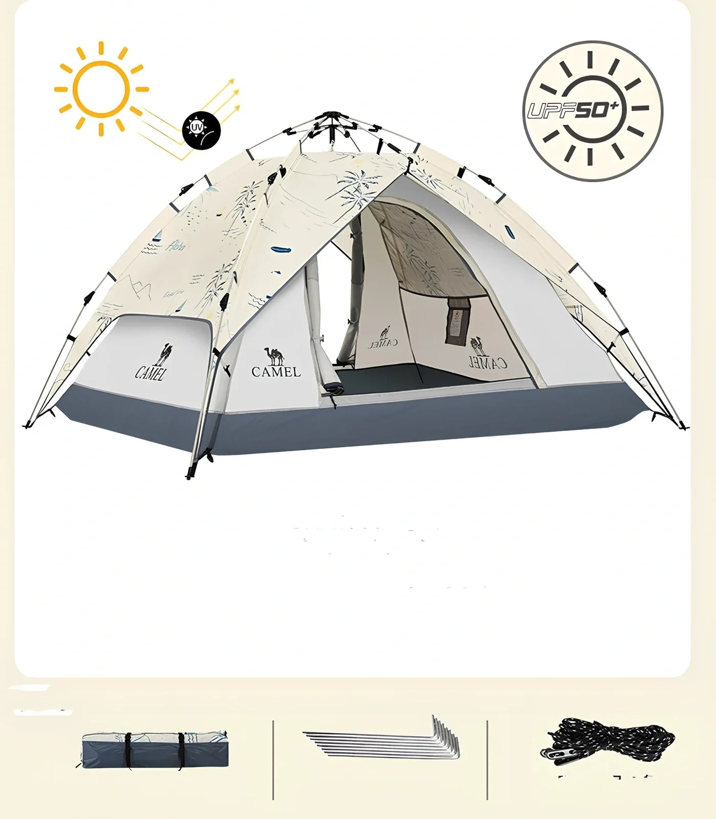 Automatic folding camping tent in blue set up on grass showing 220cm length and 120cm height