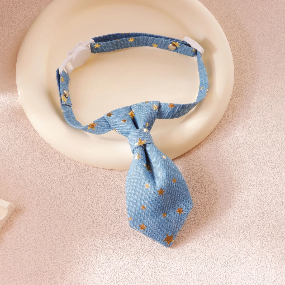 Designer dog collar with long tie and golden star, adjustable S 14-20cm or M 19-32cm, black or blue