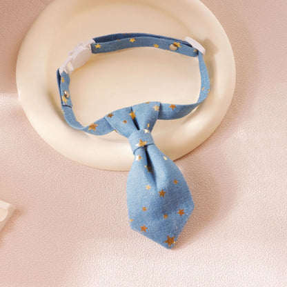 Designer dog collar with long tie and golden star, adjustable S 14-20cm or M 19-32cm, black or blue