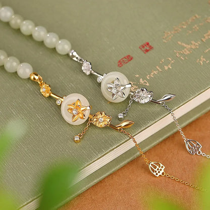 Hetian jade lotus peace buckle bracelet in 925 silver with gold plating, antique retro style