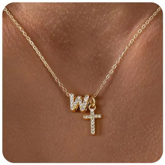 A-Z zircon inlaid letter necklace on a copper regular chain with electroplated finish