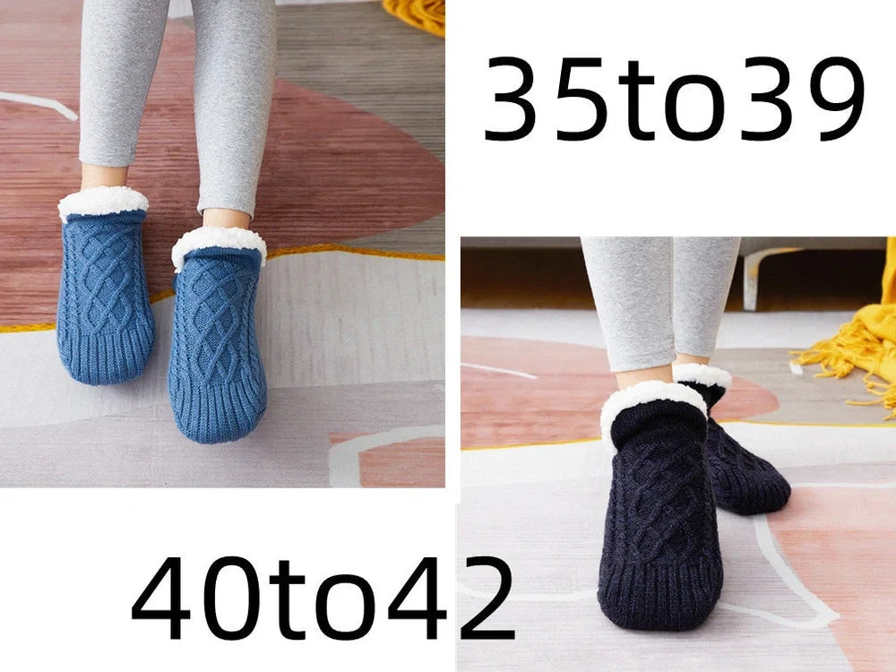 Winter woolen socks with V-opening design and anti-slip dots on soles in navy blue colour