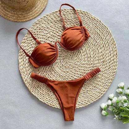 Women's underwire bikini swimsuit with split briefs design in khaki colour showing spandex lining construction