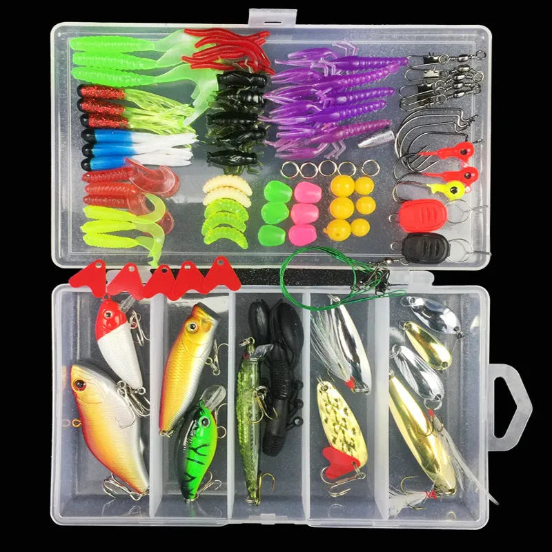 Junior fishing lure suit set in PP plastic box with multiple bait designs including thunder frog lures