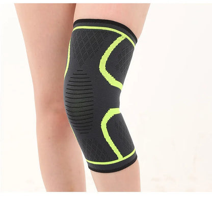 Black non-slip stretch sports knee pad shown on a knee, with size and colour options visible.