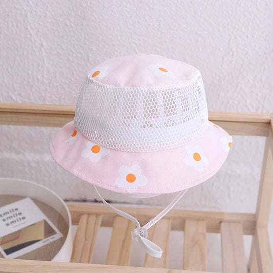 Floral patterned mesh baby bucket hat showing breathable construction and bucket shape for sun protection
