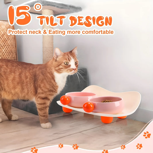 Ceramic raised pet bowl set with two bowls and non-slip base in pink, yellow and pink-yellow colours