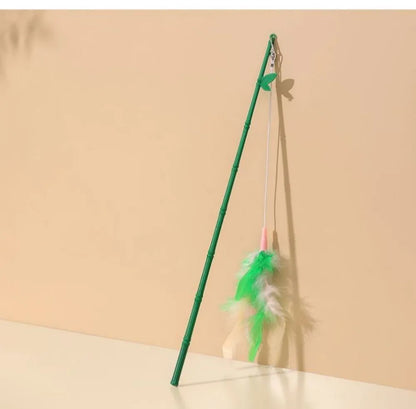 Green interactive cat feather wand toy with bell for durable feline play and stimulation