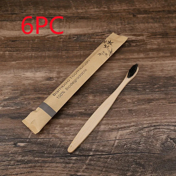 10 bamboo toothbrushes with charcoal bristles in multiple colours including green, purple, yellow, white, grey and black