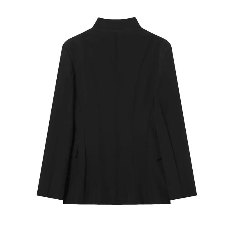 Women's black slim-fit suit jacket with regular sleeves on hanger