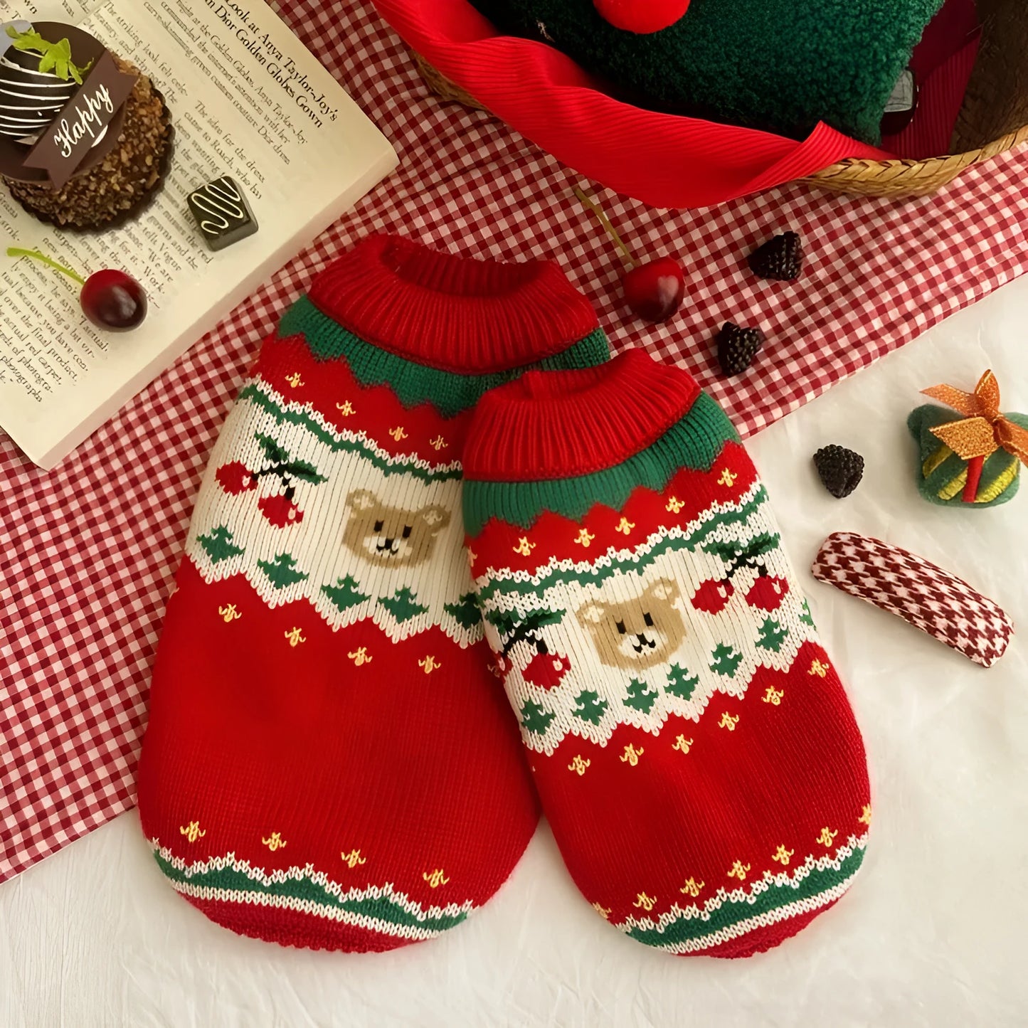 Red Christmas cherry pattern pet sweater for small to medium dogs and cats on mannequin