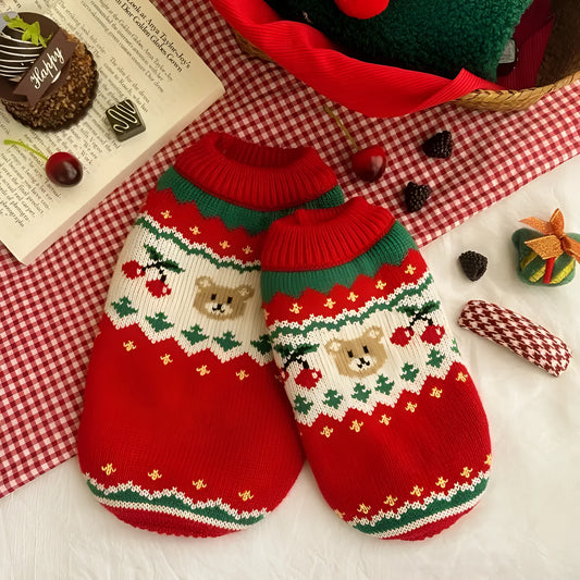 Red Christmas cherry pattern pet sweater for small to medium dogs and cats on mannequin