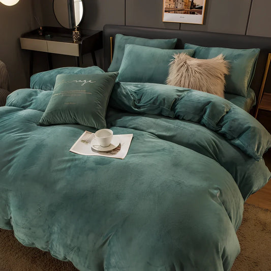 Coral velvet flannel bed sheet set in light grey and deep grey colour combination on double bed