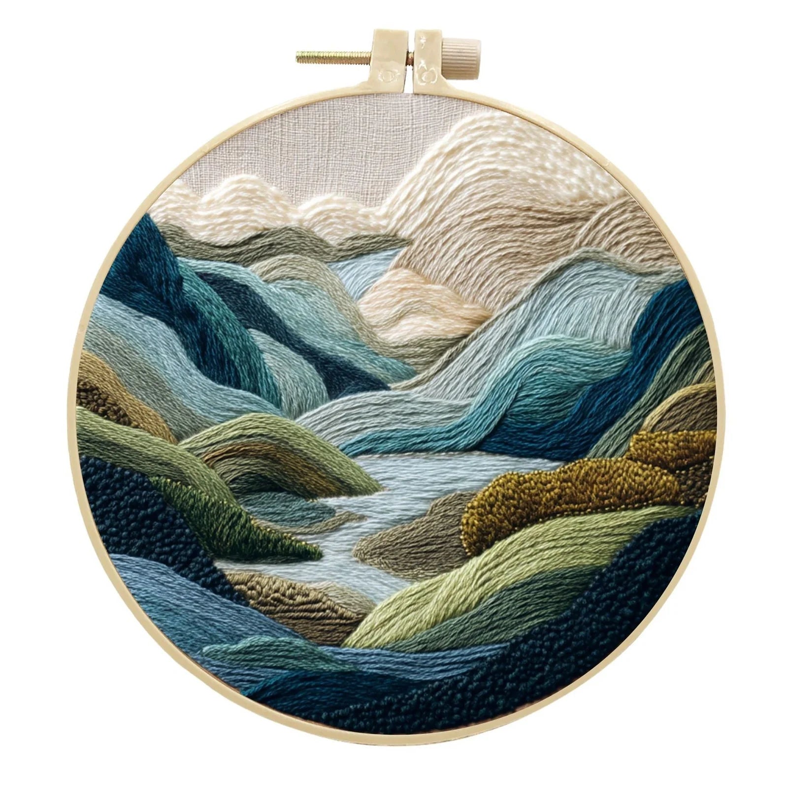 Embroidery DIY landscape kit with bamboo frame, printed fabric, thread, and needles for textile art
