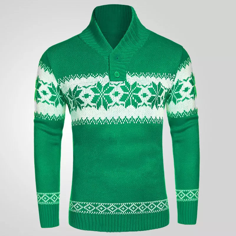Men's green jacquard knitted pullover sweater for autumn and winter