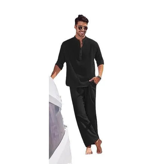 Men's casual cotton long sleeve trousers suit in solid colours on a hanger.
