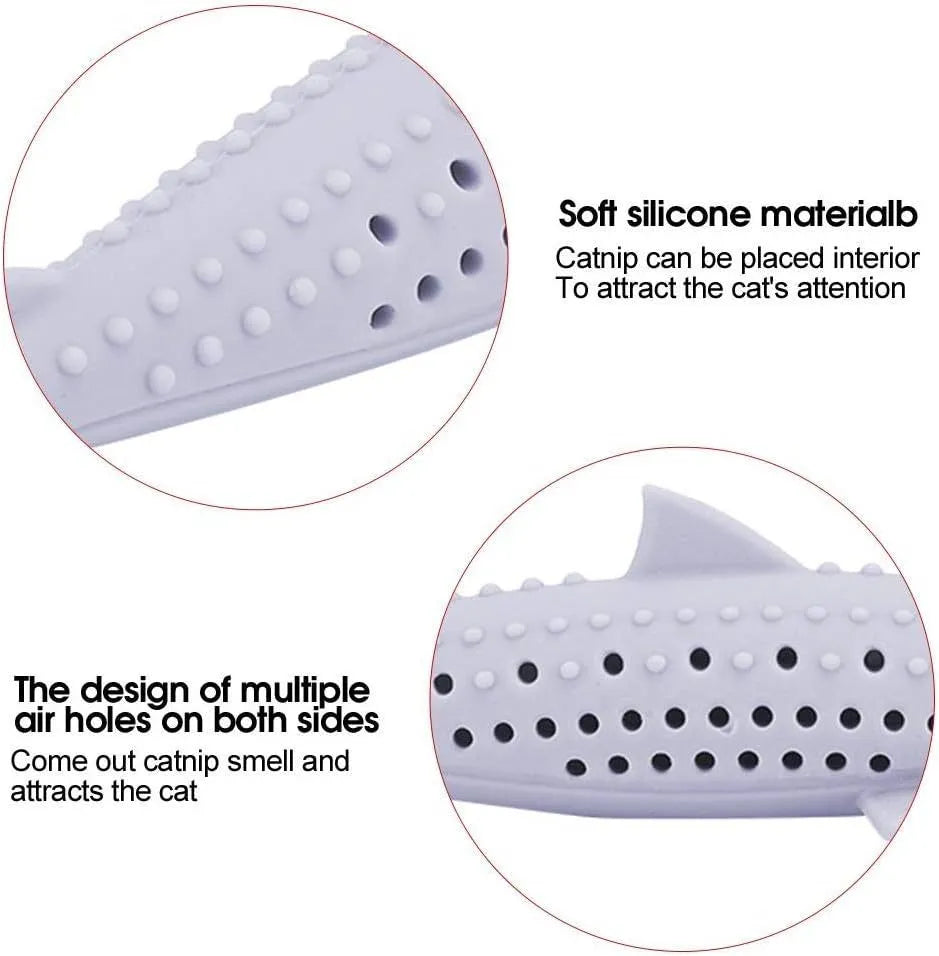 Green fish-shaped silicone cat chew toy with side holes, shown disassembled to reveal hollow interior for catnip.