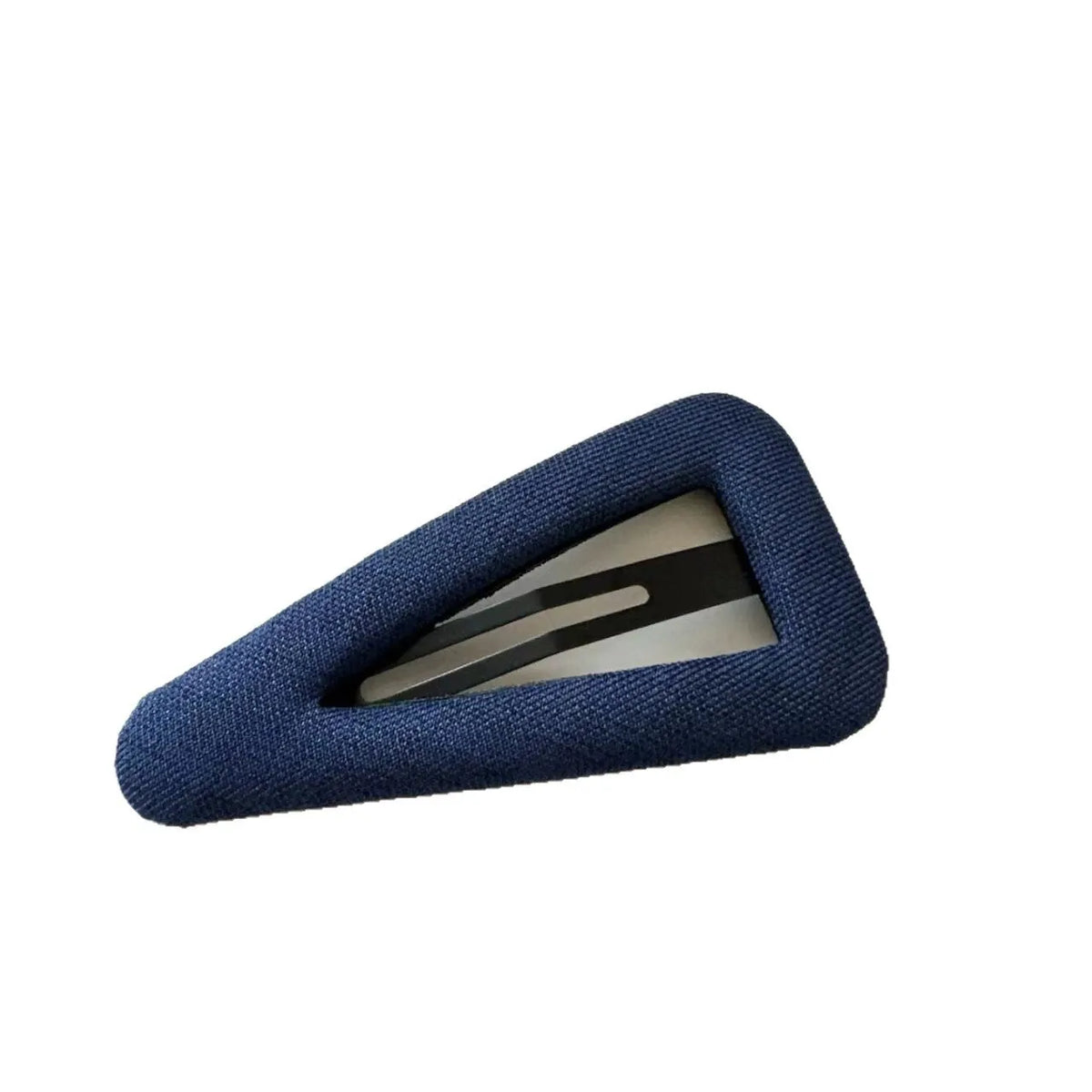 French retro dot pattern barrettes in triangle and water drop shapes with dark denim styling