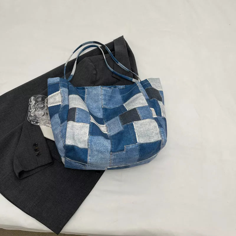 Women's denim tote bag with color-contrast check design for commute and leisure