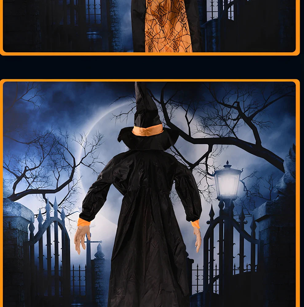 Voice-activated Halloween witch decoration with motion-sensing technology in black or purple colour options