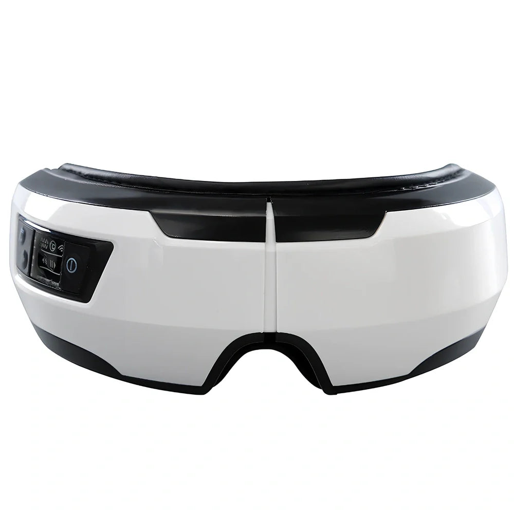 Black and white eye massager with USB cable, showing contoured design for eye socket placement