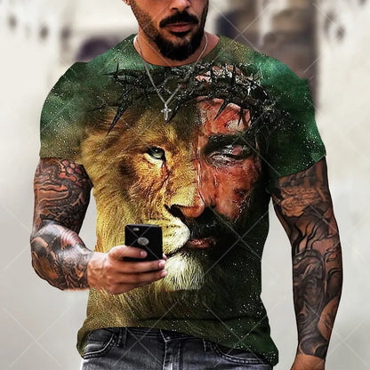 Man wearing a grey T-shirt with a raised 3D printed Jesus design on the chest.