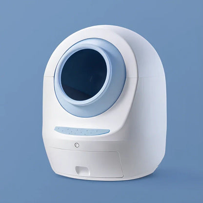 Electric smart cat litter box with WiFi connectivity in blue colour with enclosed design