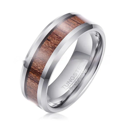 Men's tungsten ring with wood leather texture in 8mm width showing rose gold or steel colour options