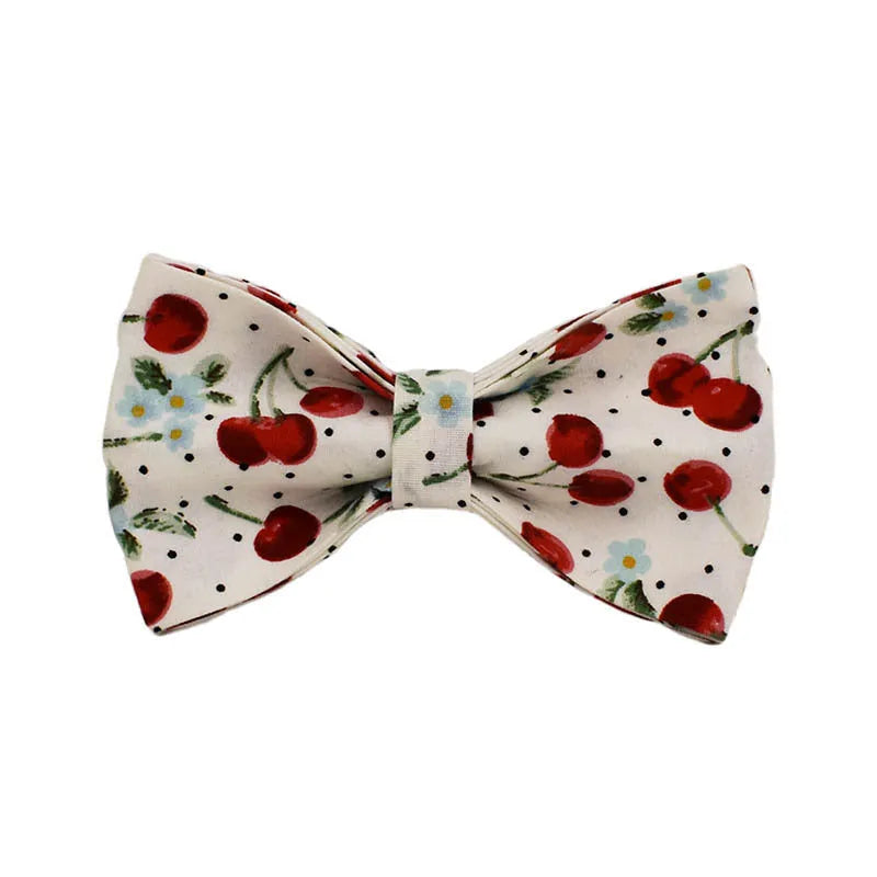Red cherry print dog collar set with light gold buckle and matching accessories