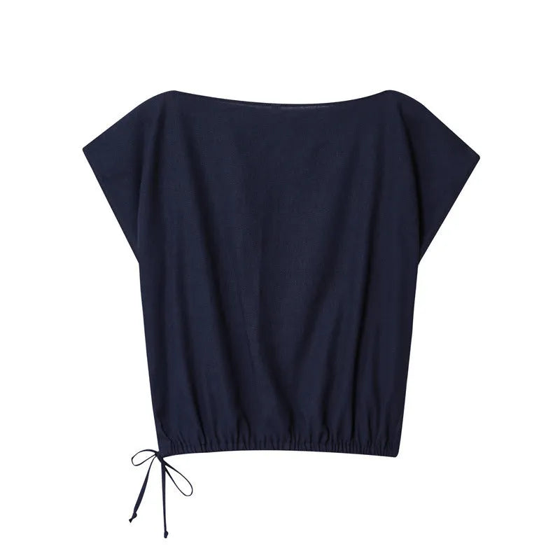 Women's off-neck flounced sleeve linen-style top and wide leg trousers set in 100% polyester fabric