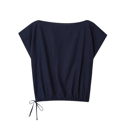 Women's off-neck flounced sleeve linen-style top and wide leg trousers set in 100% polyester fabric