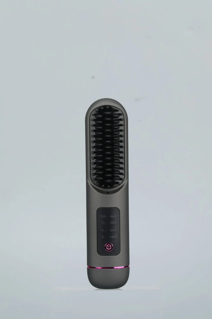 White USB-C rechargeable negative ion hair comb on a wooden table next to its charging cable.