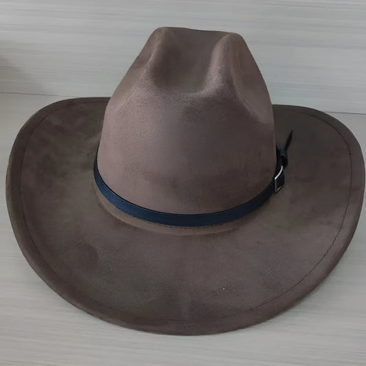 Brown leather velvet cowboy hat with curved brim and conical crown.