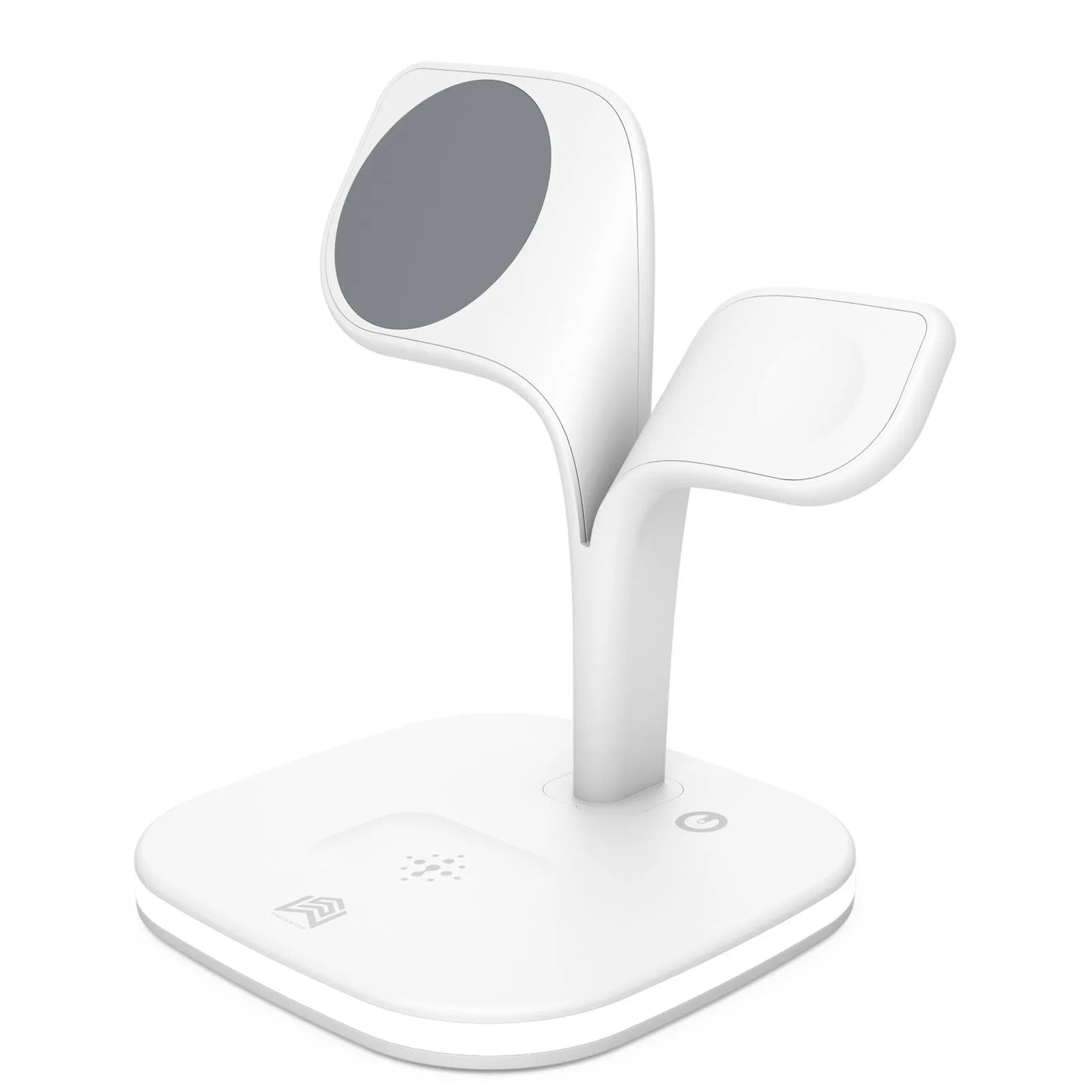 Black desktop wireless charging stand showing phone, smartwatch and headphone charging simultaneously