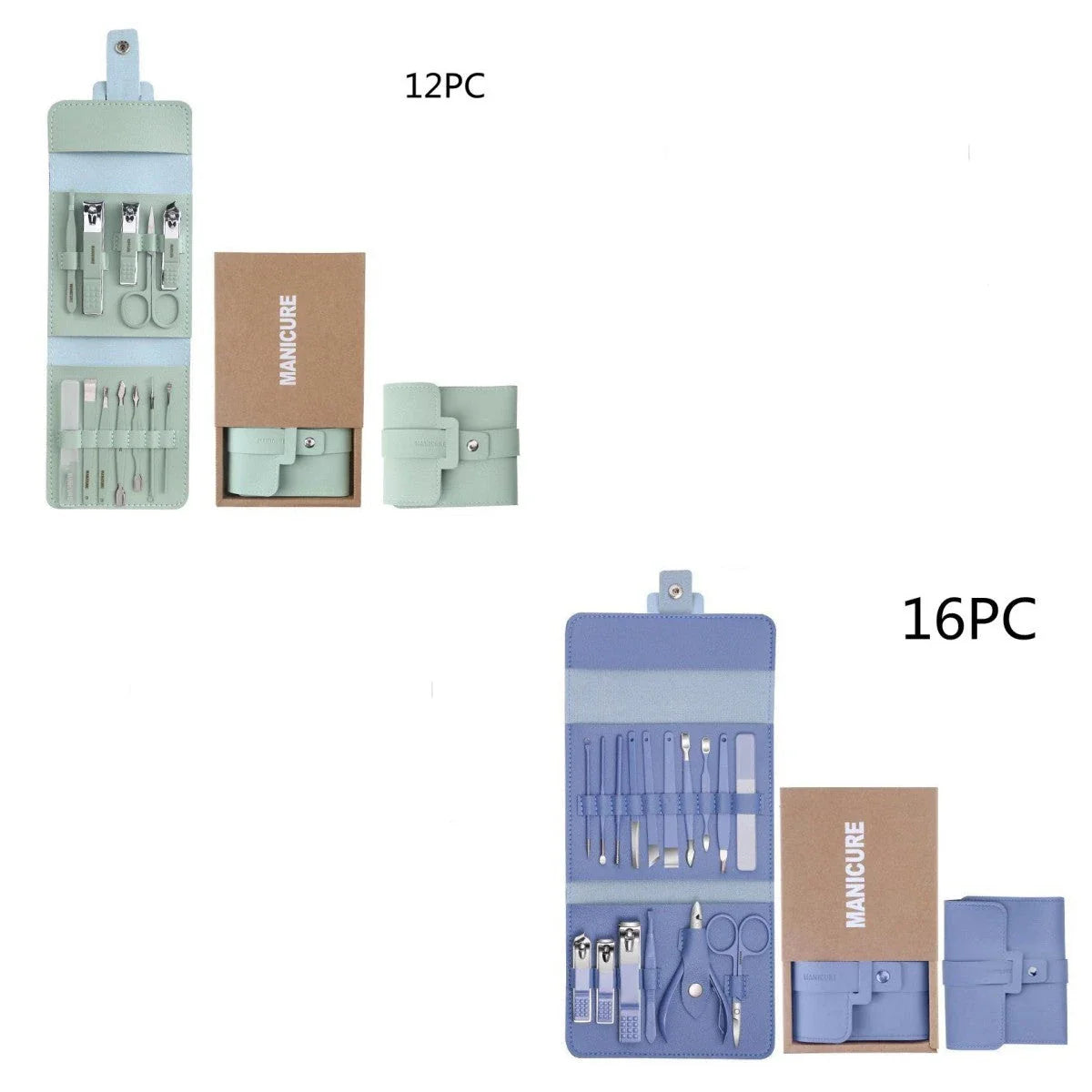 Premium 16-piece manicure set with sleek leather case, including nail clippers, scissors, tweezers, and other grooming tools