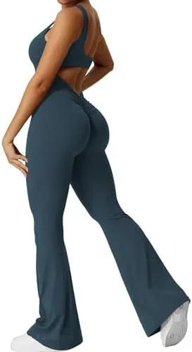 Women's sleeveless flare jumpsuit for yoga in high elasticity polyester fabric.