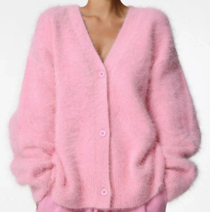 Cozy oversized cardigan with v-neck, button front, and variety of color options for women