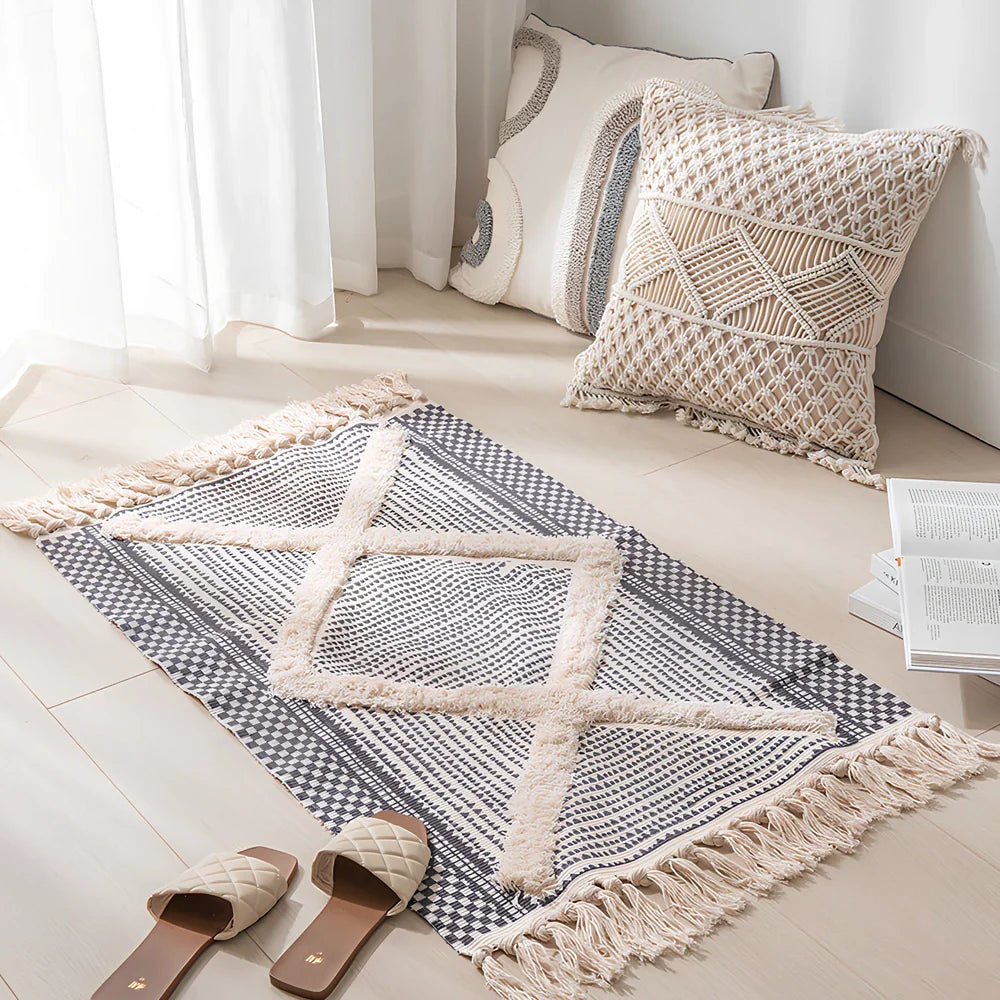Personalised cotton geometric pattern rug measuring 60x90cm with 8cm pile height in minimalist design