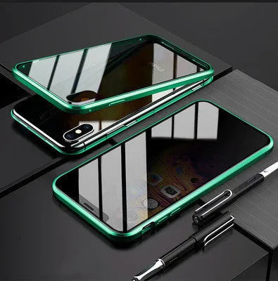Anti-peep double-sided magneto flip case for iPhone with metal frame and tempered glass.
