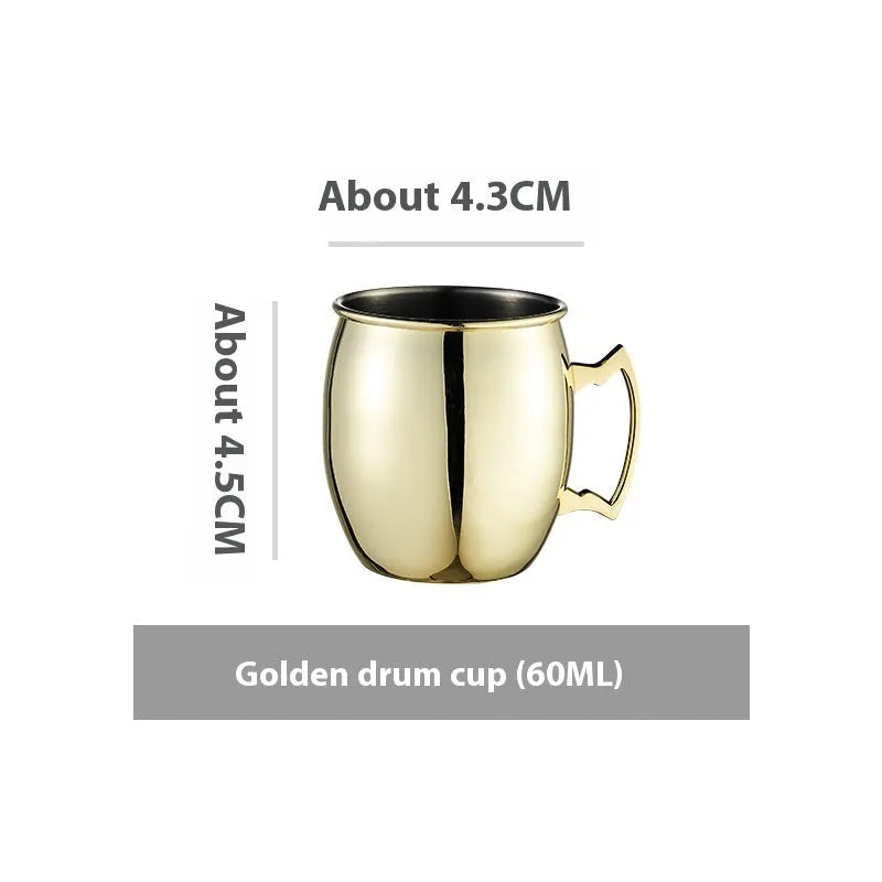 Stainless steel Moscow Mule cup with copper interior in gold, rose gold, silver, or black finish.