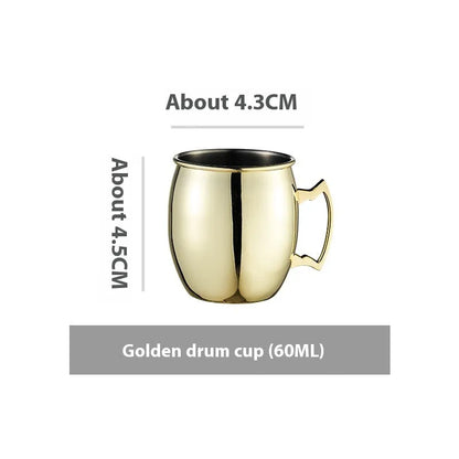 Stainless steel Moscow Mule cup with copper interior in gold, rose gold, silver, or black finish.