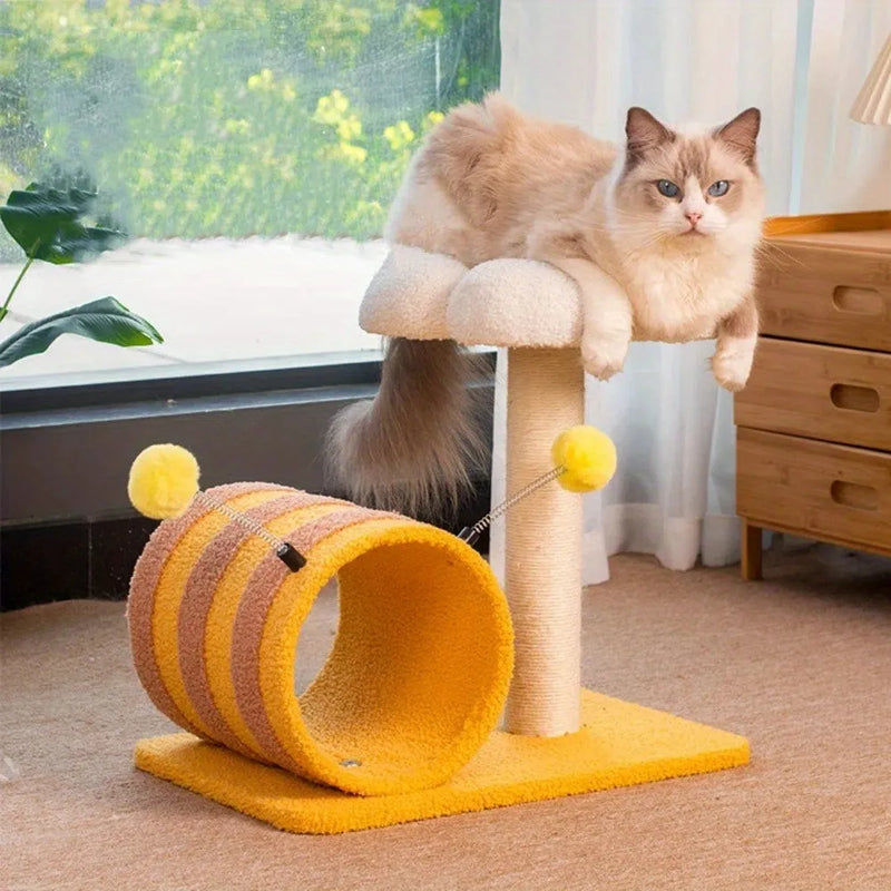 Bee Cat Climbing Frame with Sisal Cat Scratching Board Cat Scratching Post Tunnel Cat Tree 46x36x25cm 3.4kg Yellow No Debris Clawing Post Cat Supplies