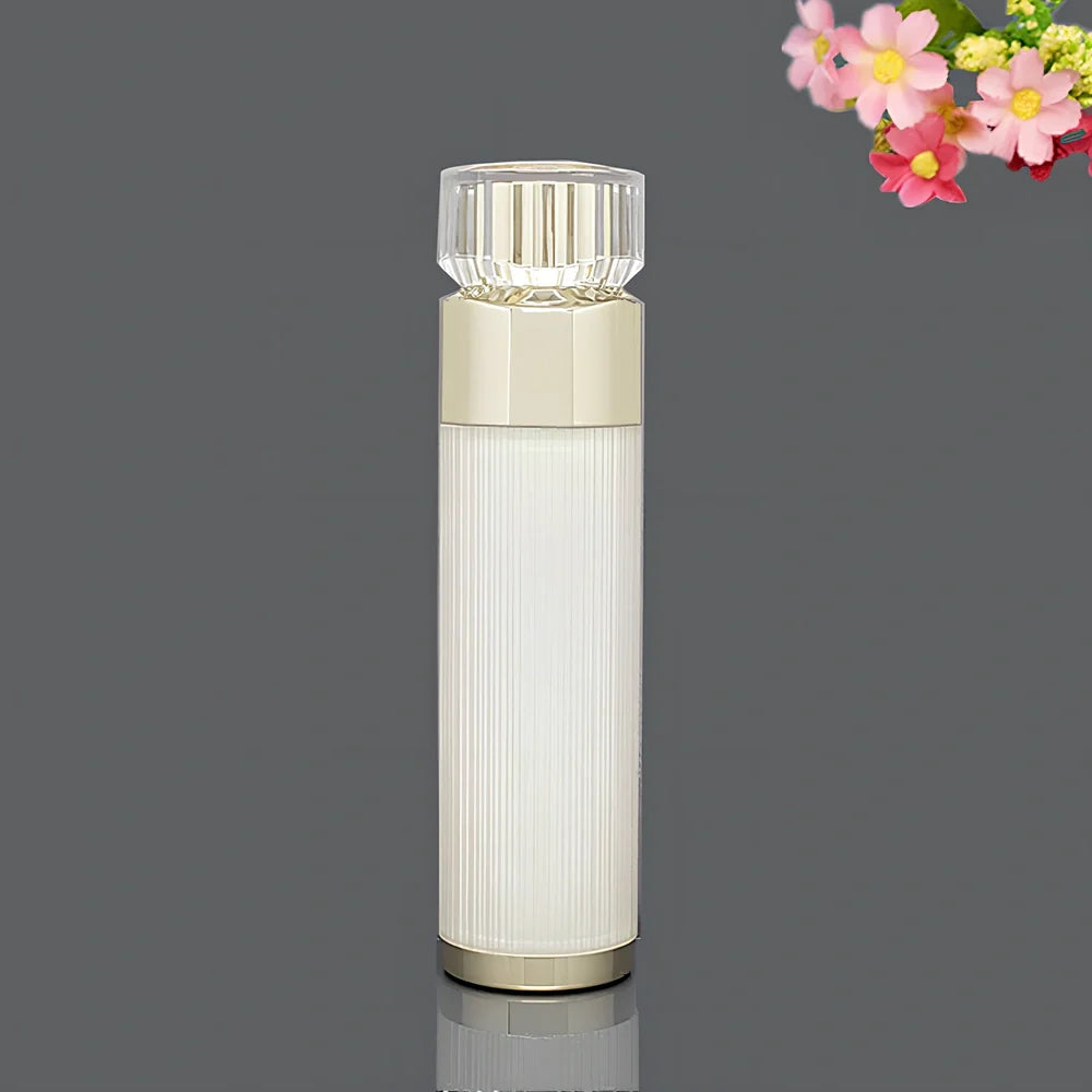 Acrylic cosmetics bottles in champagne gold and brushed white with vacuum sealing, various sizes from 5g to 120ml