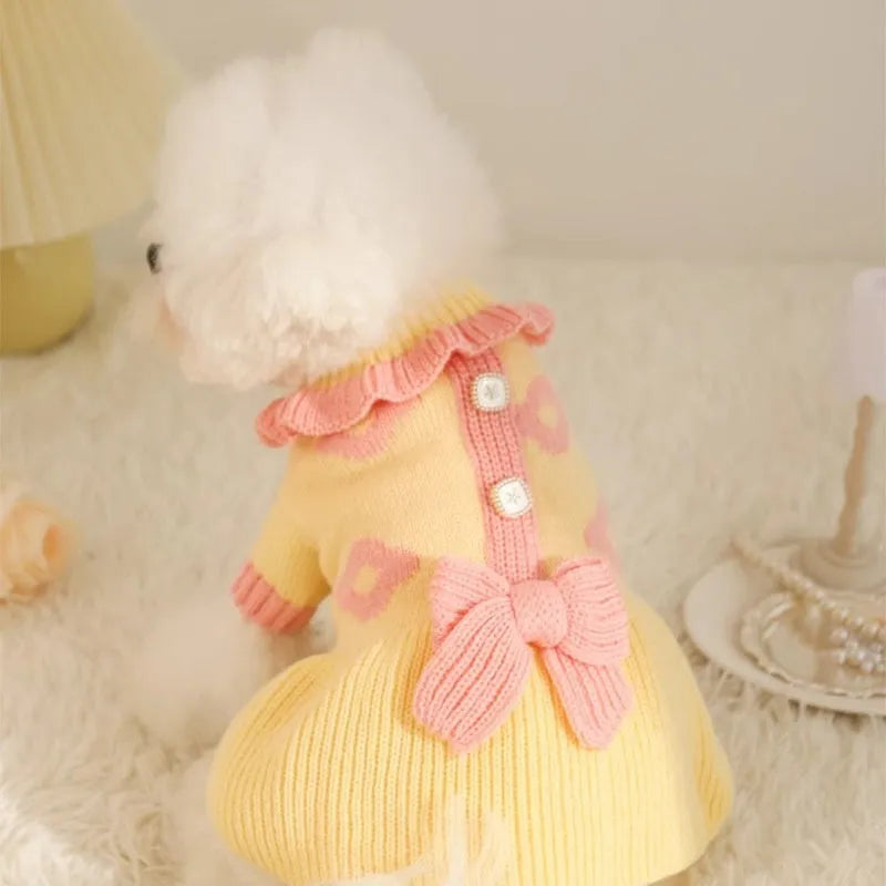 Yellow and patterned fairy dress style acrylic dog sweaters for small puppies in autumn.